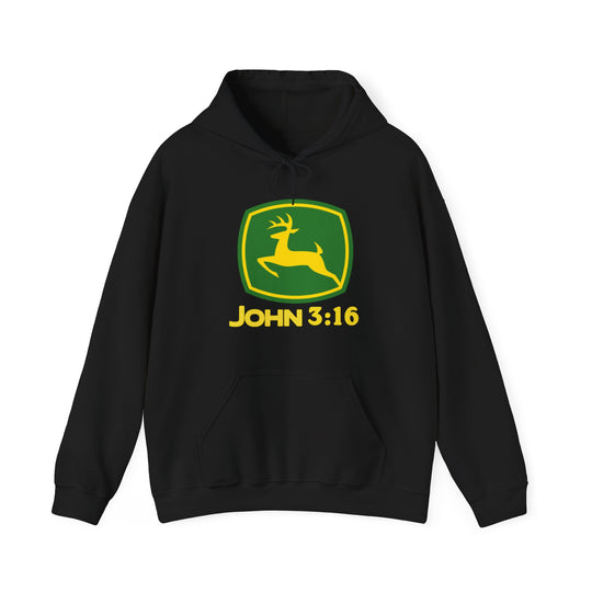 Black unisex hoodie featuring a green-and-yellow shield with a leaping deer and John 3:16 text, blending comfort and unique design.