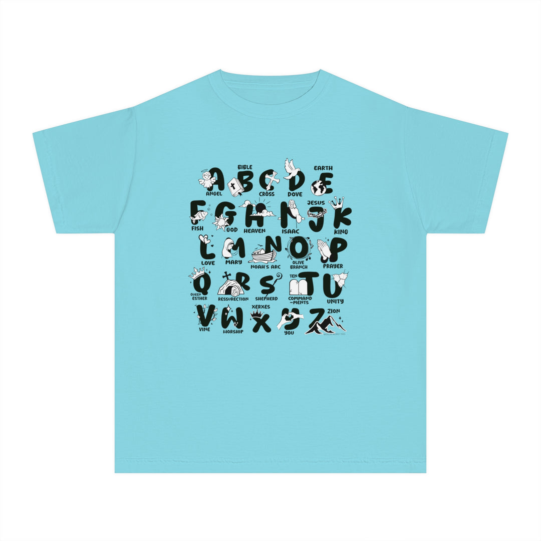 Kids' Bible Alphabet Tee: Blue shirt with black letters and symbols. 100% combed ringspun cotton, light fabric, classic fit, ideal for active kids. Soft-washed, garment-dyed, perfect for study or play.