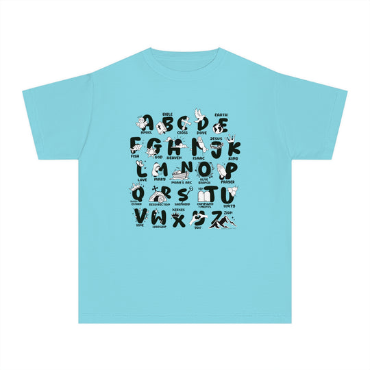 Kids' Bible Alphabet Tee: Blue shirt with black letters and symbols. 100% combed ringspun cotton, light fabric, classic fit, ideal for active kids. Soft-washed, garment-dyed, perfect for study or play.