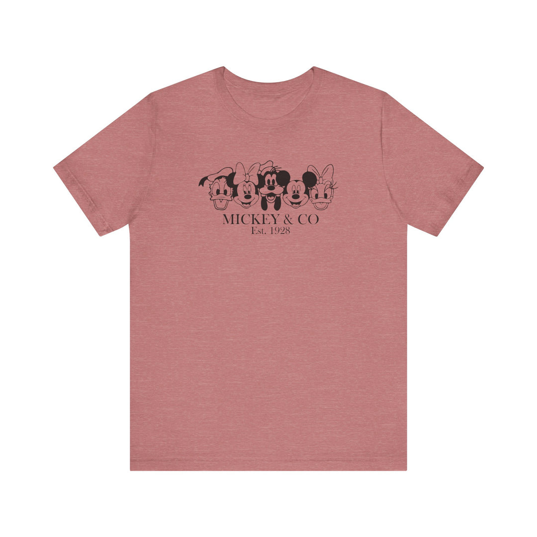Mickey and CO Tee, a classic unisex jersey short sleeve shirt, featuring soft cotton, ribbed knit collar, and tapered shoulders for a comfortable, enduring fit.
