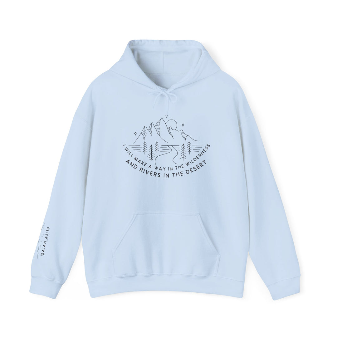 Unisex I Will Make a Way Hoodie: A cozy light blue sweatshirt with a logo of a mountain and trees, featuring a kangaroo pocket and matching drawstring. Perfect for chilly days.