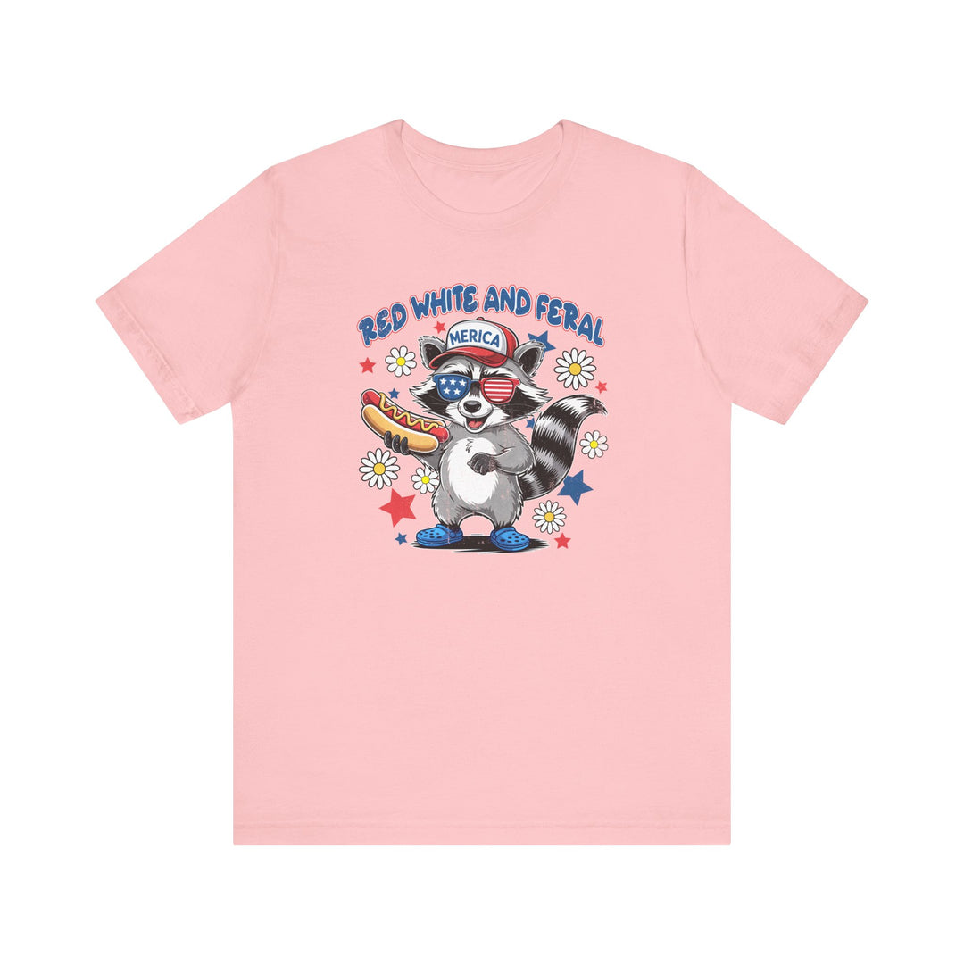 Red White and Feral 4th Tee, a unisex jersey short sleeve shirt with ribbed knit collars, tapered shoulders, and dual side seams for lasting shape.