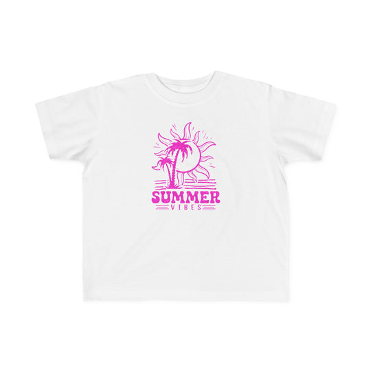 Summer Vibes Toddler Tee featuring pink sun and palm tree graphics on white fabric. Soft 100% combed ringspun cotton, light fabric, tear-away label, classic fit. Ideal for toddlers with sensitive skin.