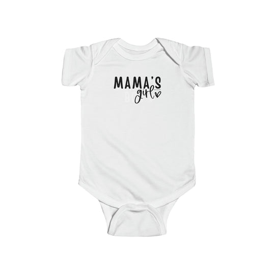 Infant fine jersey bodysuit with ribbed knitting for durability. Mama's Girl Onesie with plastic snaps for easy changing access. 100% cotton fabric. Light, tear-away label. Sizes: NB (0-3M), 6M, 12M, 18M, 24M.
