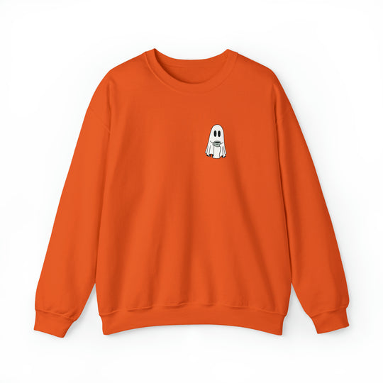 Unisex Ghost Coffee Crew Crew sweatshirt: A cozy orange top featuring a ghost holding a coffee cup. Made of 50% cotton and 50% polyester blend, with ribbed knit collar and loose fit. Ideal for comfort and style.
