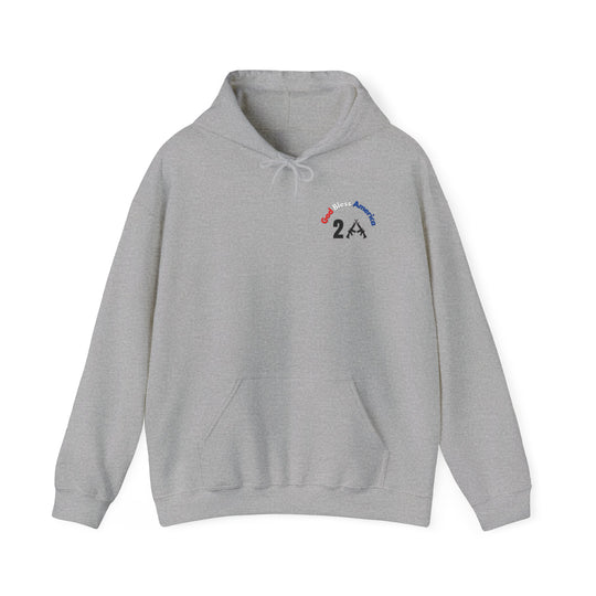 A grey God Bless America 2A hoodie with a logo and kangaroo pocket. Unisex heavy blend cotton and polyester fabric, tear-away label, classic fit, true to size. Ideal for warmth and comfort.