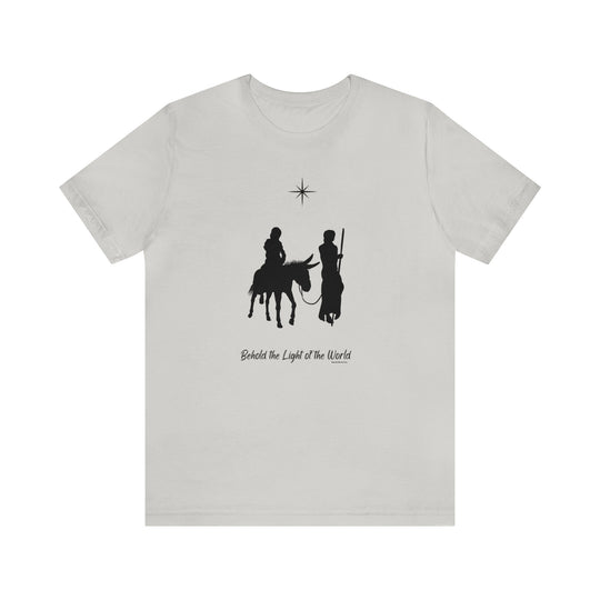 Unisex white tee featuring black silhouettes of people riding horses. Soft cotton, ribbed knit collar, and retail fit for comfort. Perfect for those who love unique graphic tees.