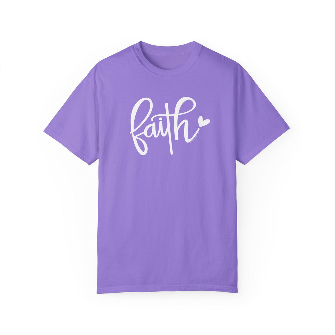 A relaxed fit Faith Tee in purple with white text. Made of 100% ring-spun cotton, garment-dyed for coziness. Double-needle stitching for durability, no side-seams for shape retention.