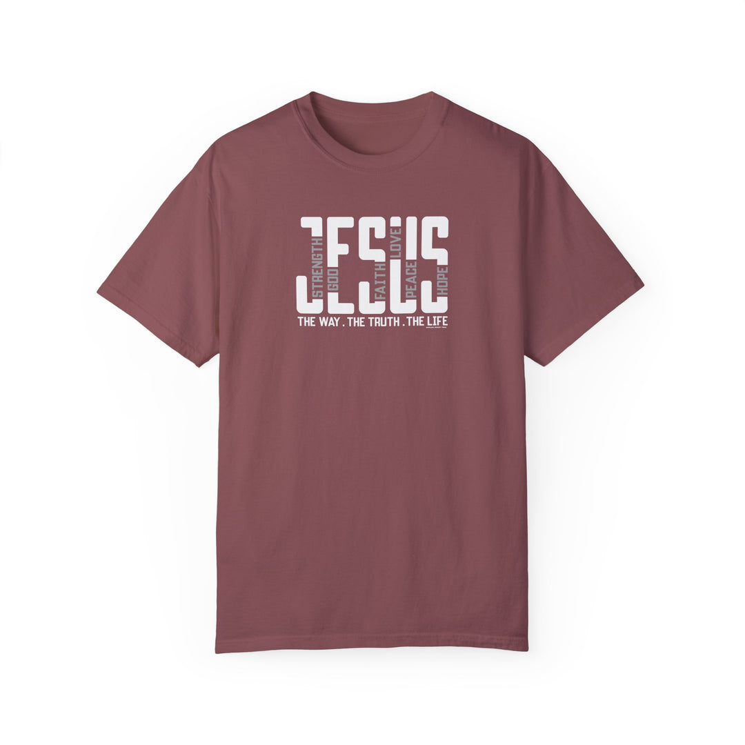 Relaxed fit Jesus Tee, garment-dyed maroon shirt with white text. 100% ring-spun cotton, soft-washed, durable double-needle stitching, no side-seams for tubular shape, medium weight. Ideal for daily wear.