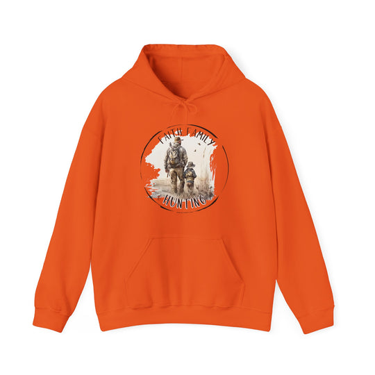 Unisex Faith Family Hunting Hoodie: Orange sweatshirt featuring a man riding a horse, ideal for relaxation. Cotton-polyester blend, kangaroo pocket, and drawstring hood. Classic fit, medium-heavy fabric. Sizes S-5XL.