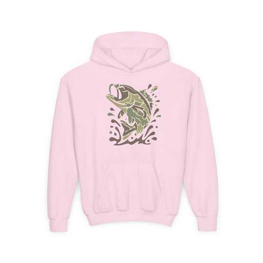 Camo Fish Youth Hoodie: Light-pink hoodie with a leaping bass graphic in green camouflage, front pouch pocket, ultra-soft fleece, ideal for custom printing.