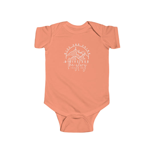 Infant Rise and Shine Onesie, a pink baby bodysuit with a logo, made of 100% cotton for durability. Features ribbed knitting for strength and plastic snaps for easy changing access. From Worlds Worst Tees.