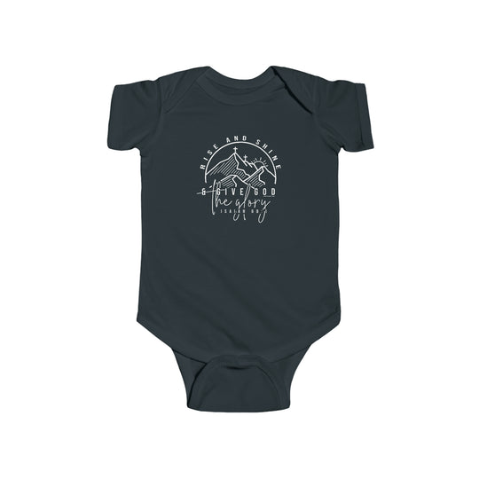 A black baby bodysuit with white text, featuring the Rise and Shine Onesie logo. Made of 100% cotton, with ribbed knitting for durability and plastic snaps for easy changing access. From Worlds Worst Tees.
