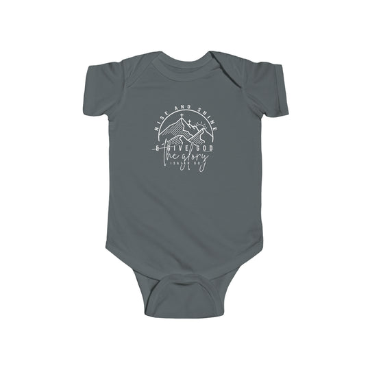 A grey baby bodysuit with white text, featuring a cross and mountains logo. Infant fine jersey bodysuit, 100% cotton for durability, with ribbed knitting bindings and plastic snaps for easy changing access. From Worlds Worst Tees, known for unique graphic t-shirts.