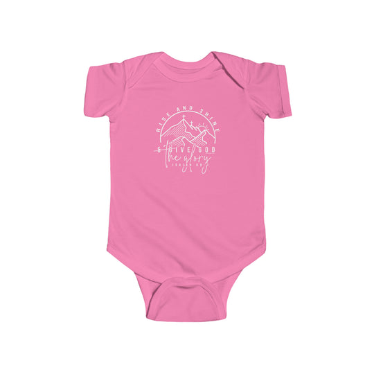 A pink baby bodysuit with white text, featuring a cross and mountains design. Infant fine jersey bodysuit, 100% cotton fabric, ribbed knit bindings, and plastic snaps for easy changing access. From Worlds Worst Tees.