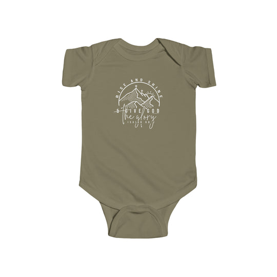 A baby bodysuit featuring a logo with a cross and mountains, designed for comfort and durability. Made of 100% cotton, with ribbed bindings and plastic snaps for easy changing. From Worlds Worst Tees, known for unique graphic t-shirts.
