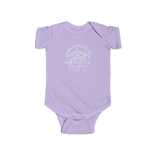 A durable and soft Rise and Shine Onesie for infants, featuring 100% cotton fabric, ribbed knitting for durability, and plastic snaps for easy changing access. From Worlds Worst Tees.