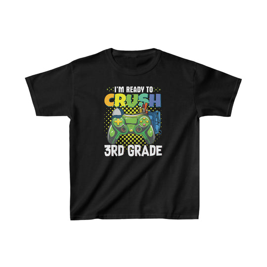 Kids black tee featuring a cartoon video game controller, ideal for daily wear. Made of 100% cotton, light fabric, classic fit, tear-away label, and durable twill tape shoulders. Title: I'm Ready to Crush 3rd Grade Kids Tee.