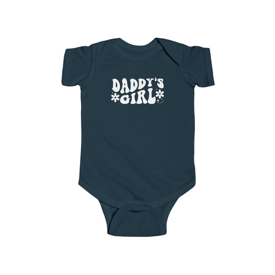 A durable and soft Daddy's Girl Onesie for infants, featuring 100% cotton fabric, ribbed knitting bindings, and plastic snaps for easy changing access. Combed ringspun cotton, light fabric, tear away label.