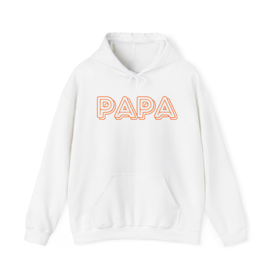 A white Papa Hoodie with orange letters, featuring a logo and kangaroo pocket. Unisex, cotton-polyester blend for warmth and comfort on cold days. Medium-heavy fabric, classic fit, tear-away label.