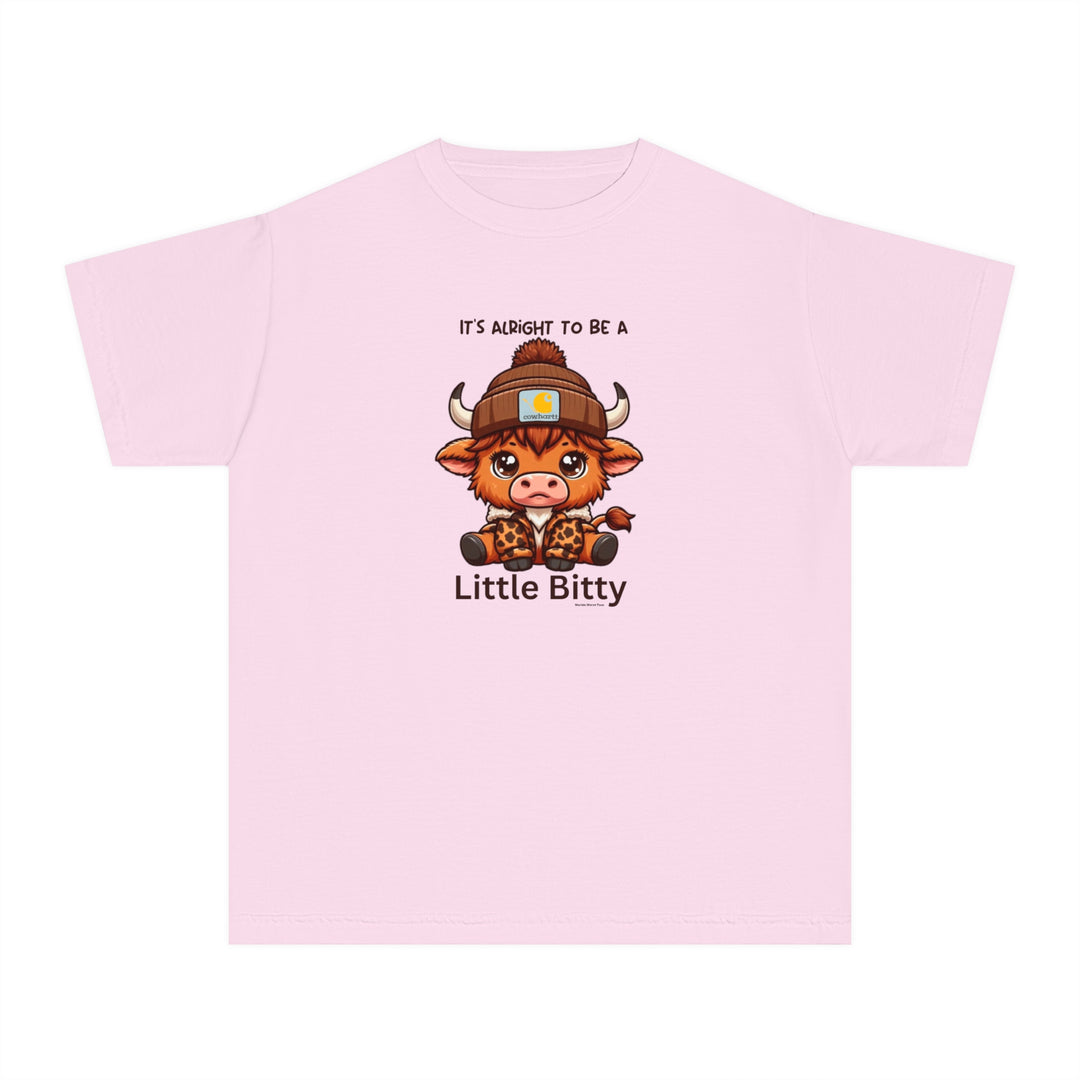 Little Bitty Kids Tee: A pink t-shirt featuring a cartoon cow, perfect for active kids. Made of soft combed cotton for comfort and agility. Classic fit for all-day wear.