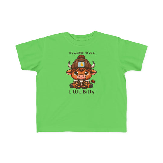 A Little Bitty Toddler Tee featuring a cartoon cow print on a green shirt. Made of soft 100% combed ringspun cotton, light fabric, tear-away label, and a classic fit. Sizes available: 2T, 3T, 4T, 5-6T.