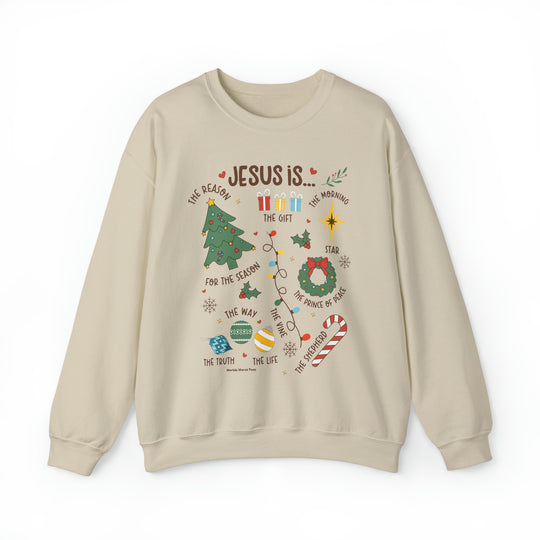 Unisex heavy blend crewneck sweatshirt featuring a tan graphic design. Comfortable polyester and cotton fabric with ribbed knit collar. Ideal for all occasions. Product title: Jesus is Christmas Crew.