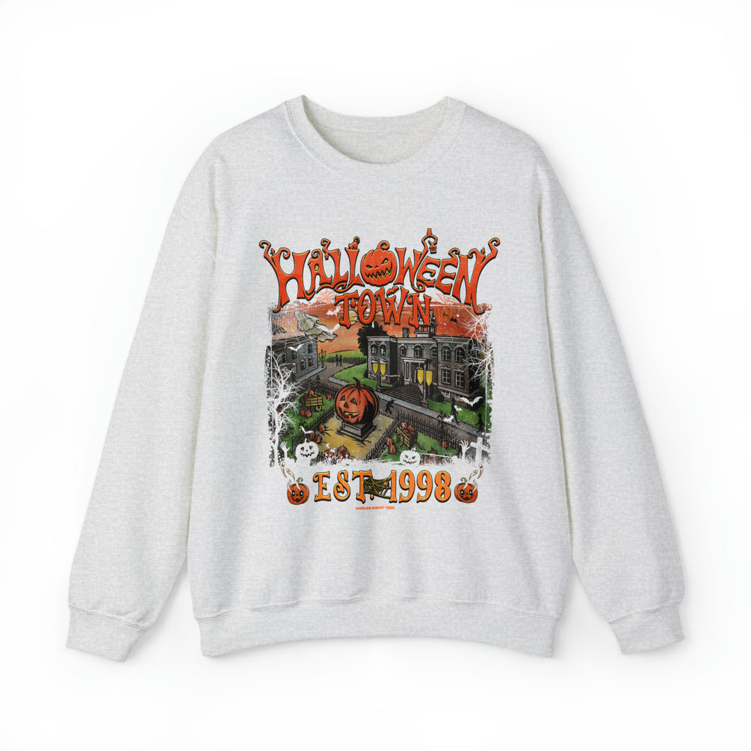 A unisex Halloweentown Crew sweatshirt with a graphic design of a house, pumpkins, and spooky elements. Made of 50% cotton and 50% polyester, featuring a ribbed knit collar and a loose fit.
