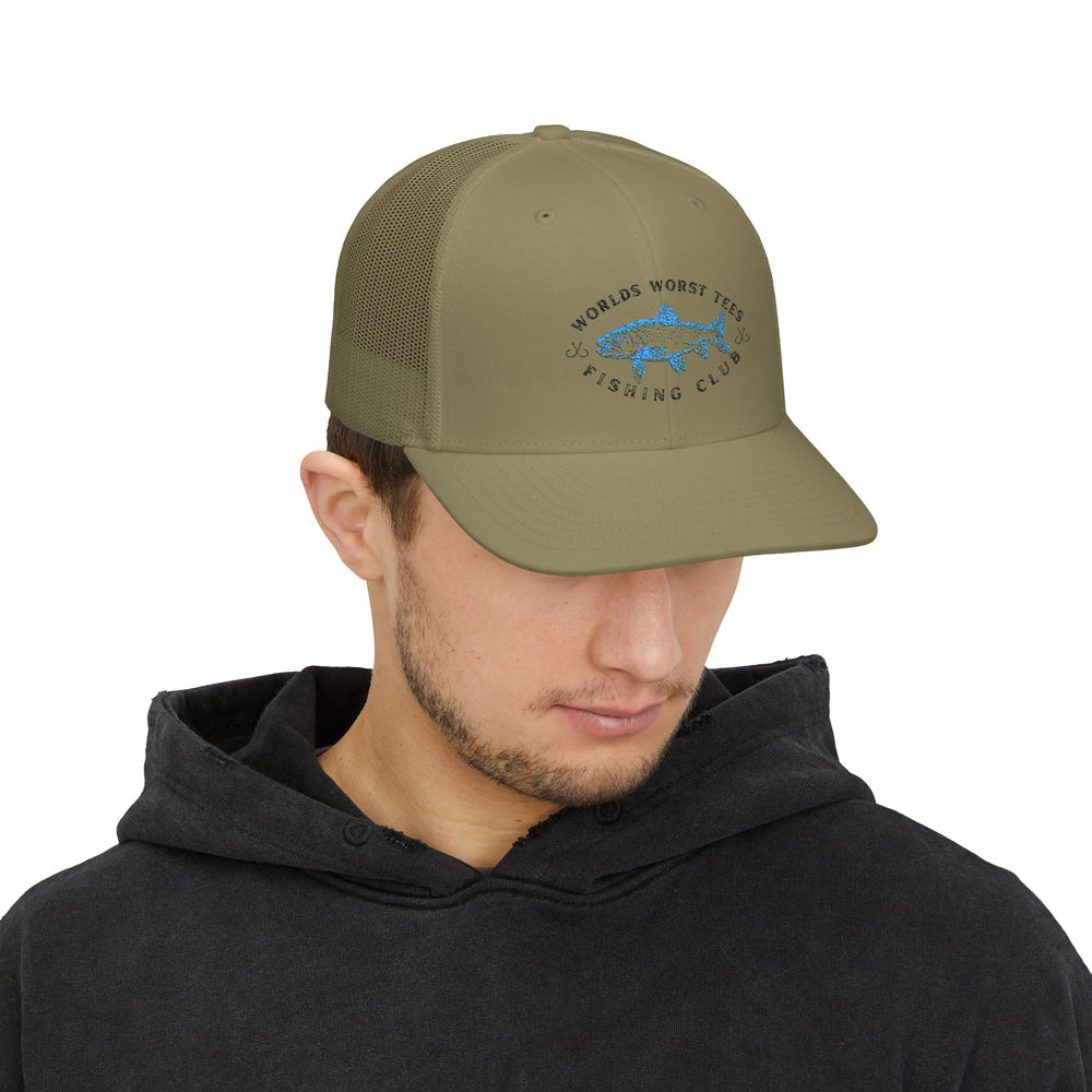 Close-up of a man's face wearing the WWT Fishing Club Snapback Trucker Cap, highlighting its structured fit and pre-curved visor for a stylish, casual look.