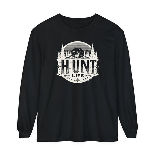 A black long sleeve Hunt Life T-shirt with a deer and trees logo, made of 100% ring-spun cotton. Classic fit, garment-dyed fabric for comfort and style. Perfect for casual settings.