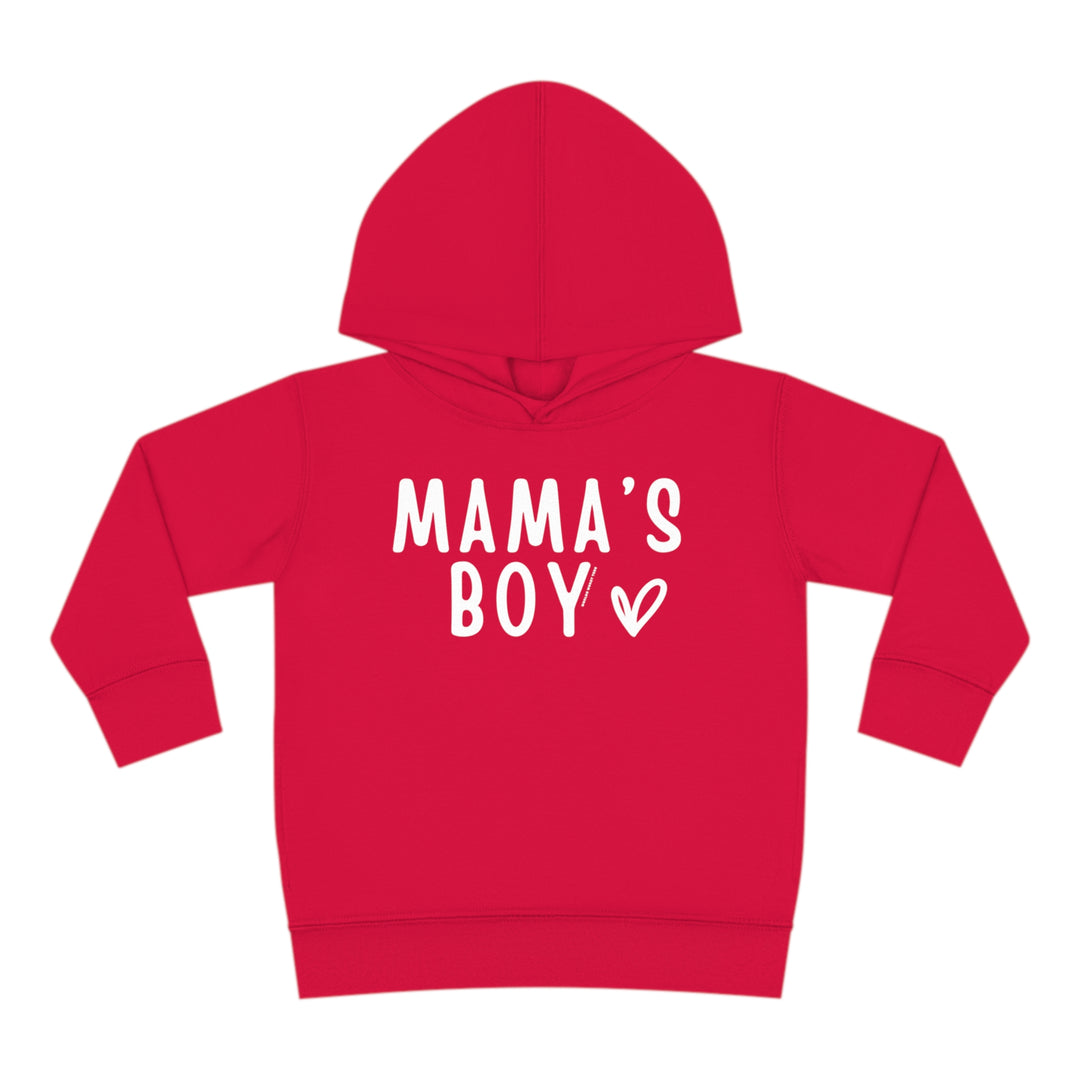 Mama's Boy Toddler Hoodie with durable design, jersey-lined hood, cover-stitched details, and side seam pockets for cozy wear. 60% cotton, 40% polyester blend. Sizes: 2T, 4T, 5-6T.