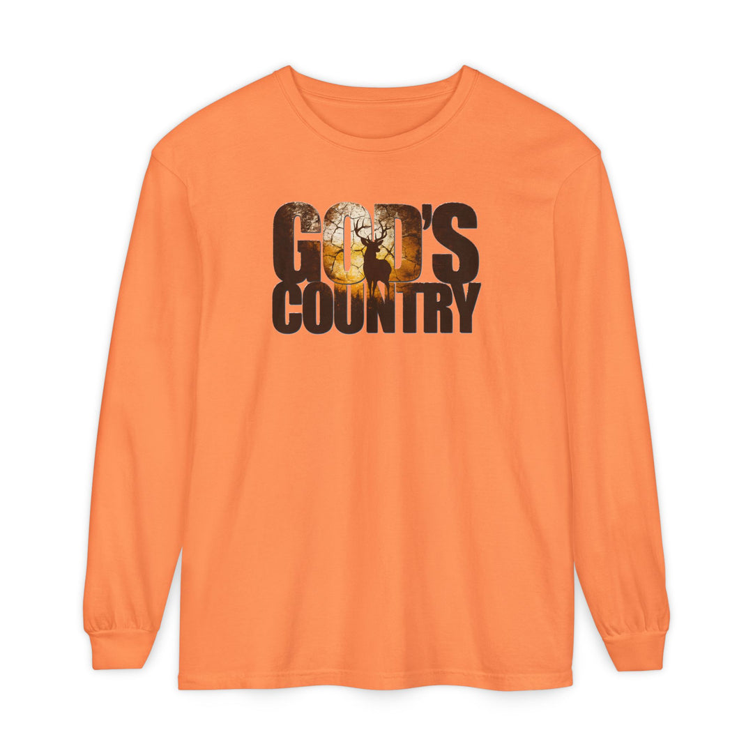 God's Country Long Sleeve Tee featuring a bold, distressed GOD'S COUNTRY graphic with a silhouetted deer inside the O, crafted from 100% ring-spun cotton for comfort.