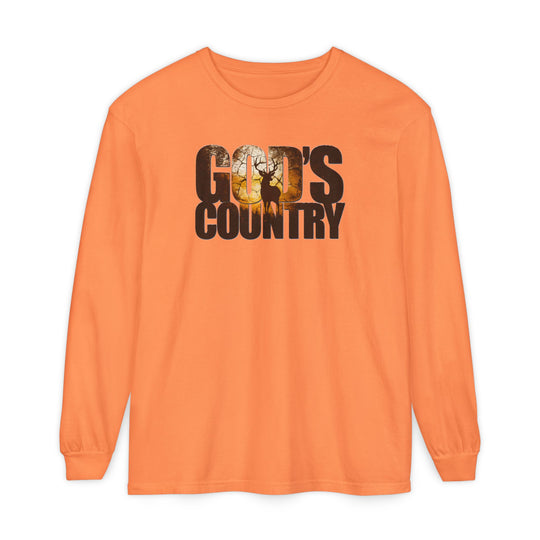 God's Country Long Sleeve Tee featuring a bold, distressed GOD'S COUNTRY graphic with a silhouetted deer inside the O, crafted from 100% ring-spun cotton for comfort.