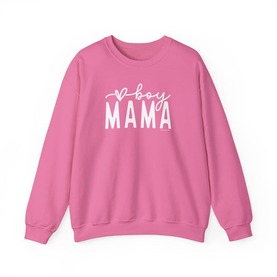 Unisex Boy Mama Crew heavy blend sweatshirt in pink with white text. 50% cotton, 50% polyester, ribbed knit collar, no itchy side seams. Medium-heavy fabric, loose fit, true to size.