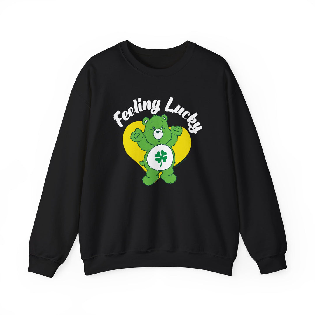 A black crewneck sweatshirt featuring a green bear and clover design, embodying luck and comfort. Unisex, medium-heavy fabric with ribbed knit collar, ideal for all. From Worlds Worst Tees, the Feeling Lucky Crew.