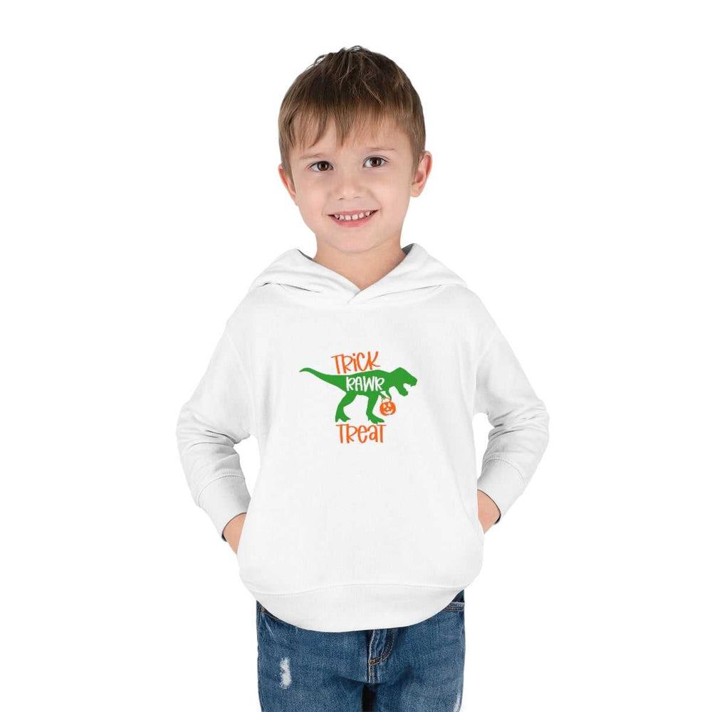 Toddler hoodie featuring dinosaur design, jersey-lined hood, cover-stitched details, and side seam pockets for cozy wear. Made of 60% cotton, 40% polyester blend for durability and comfort.