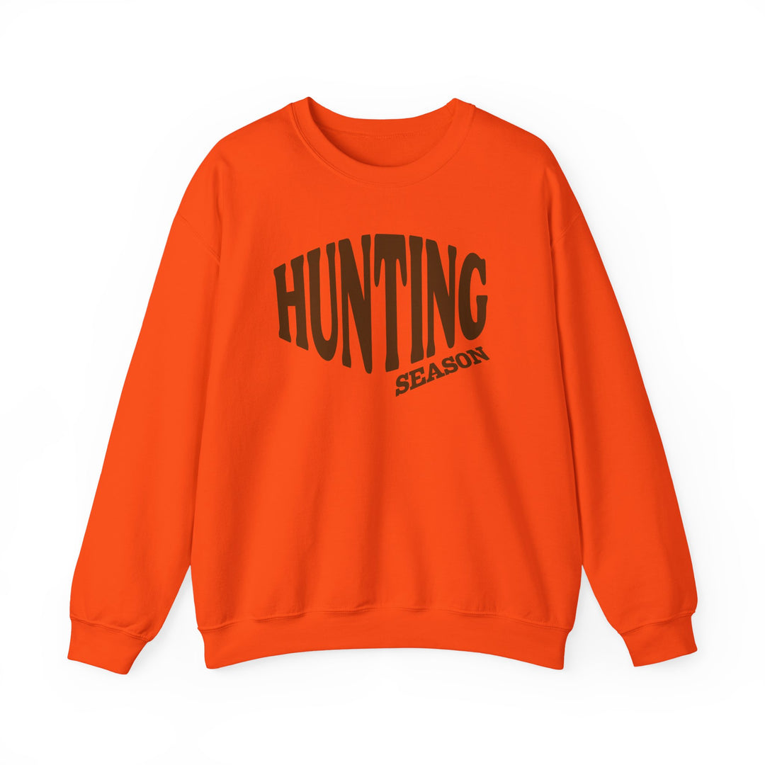 Bright blaze-orange crewneck sweatshirt with HUNTING SEASON in bold black letters, embodying comfort and style with durable fabric and classic fit.