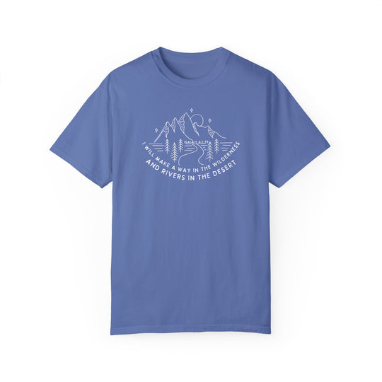 Blue t-shirt with white text, featuring a mountain and tree line drawing. 100% ring-spun cotton tee in a relaxed fit, garment-dyed for extra coziness. Durable double-needle stitching, no side-seams for a tubular shape.