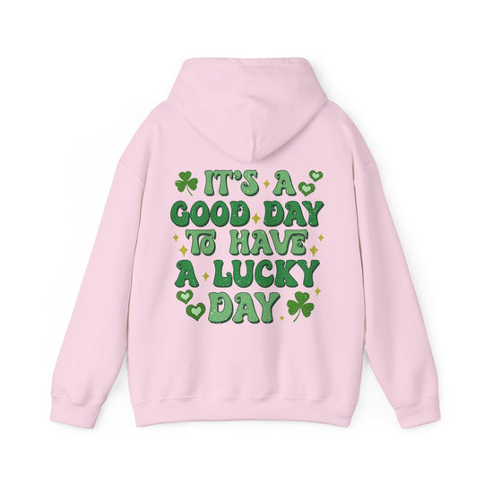 Good Day Lucky Day Hoodie featuring a relaxed fit, plush cotton-polyester blend, and a spacious kangaroo pocket, ideal for cool weather comfort.