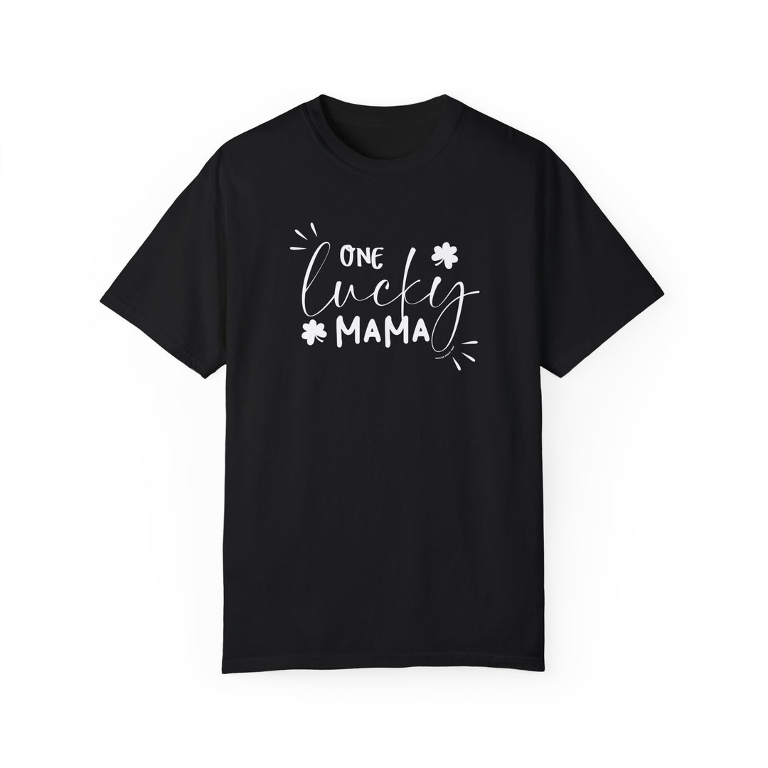 A relaxed fit One Lucky Mama Tee, crafted from 100% ring-spun cotton for ultimate comfort. Garment-dyed with double-needle stitching for durability and a seamless look. From Worlds Worst Tees.