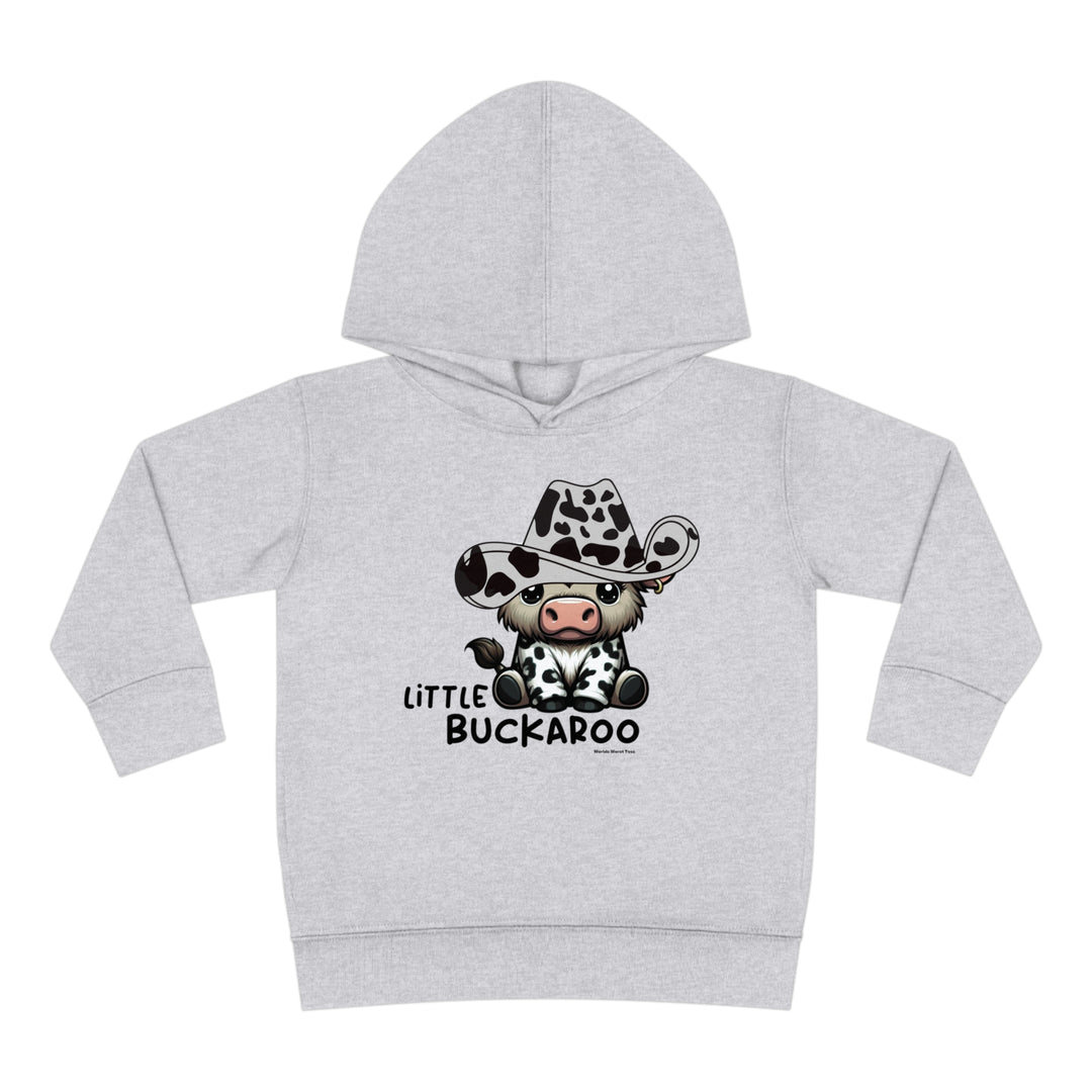 Toddler hoodie featuring a cow in a cowboy hat, designed for comfort with jersey-lined hood, cover-stitched details, and side seam pockets. 60% cotton, 40% polyester blend. From 'Worlds Worst Tees'.