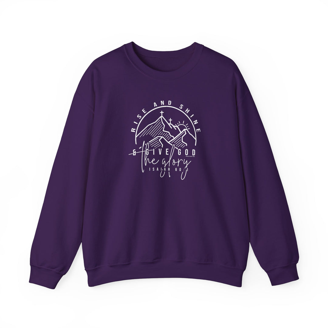 Unisex Rise and Shine Crew sweatshirt, purple with white text, ideal for comfort. Made of 50% cotton, 50% polyester, ribbed knit collar, no itchy seams. Medium-heavy fabric, loose fit, true to size.