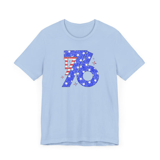 A blue 1776 Tee t-shirt with stars and numbers, featuring a classic unisex jersey fit in soft cotton. Ribbed knit collars, taping on shoulders, and tear-away label for comfort and durability.