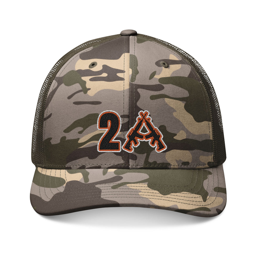 Camouflage-patterned 2A trucker hat with mesh back, featuring an embroidered design of a bold 2 and stylized A with crossed rifles.
