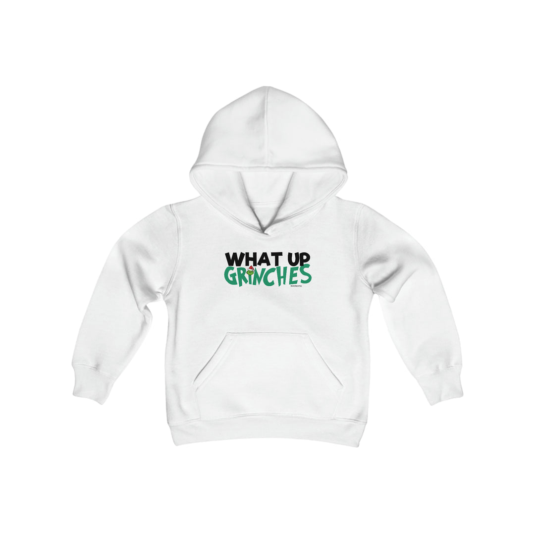 Youth blend hooded sweatshirt with kangaroo pocket and twill taping. Ultra-soft, preshrunk fleece. 50% cotton, 50% polyester. What up Grinches Youth Hoodie. Regular fit, true to size.