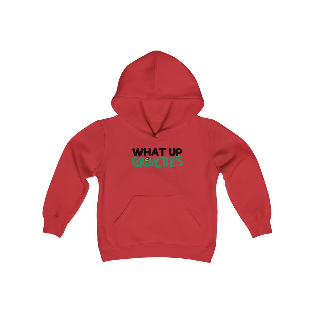 Youth blend hooded sweatshirt with kangaroo pocket and twill taping, featuring What up Grinches text. 50% cotton, 50% polyester, soft fleece. Regular fit, true to size. From Worlds Worst Tees.