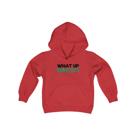 Youth blend hooded sweatshirt with kangaroo pocket and twill taping, featuring What up Grinches text. 50% cotton, 50% polyester, soft fleece. Regular fit, true to size. From Worlds Worst Tees.