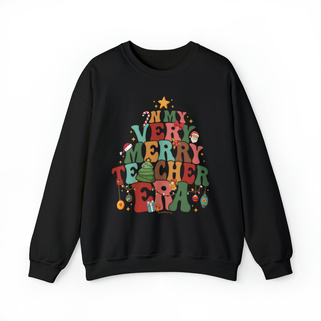 A unisex heavy blend crewneck sweatshirt featuring a graphic design of a Christmas tree, ideal for teachers. Made of 50% cotton and 50% polyester, with a ribbed knit collar and loose fit. Sewn-in label included.
