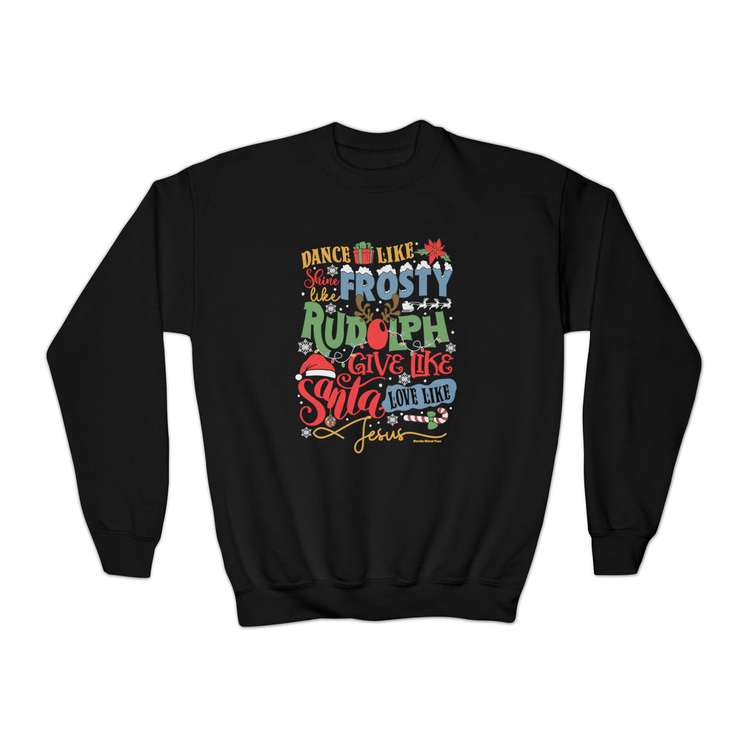 Youth crew sweatshirt featuring Frosty Rudolph Santa Jesus design. 50% cotton, 50% polyester blend, medium-heavy fabric, loose fit. Perfect for school, sports, and lounging. True-to-size fit.