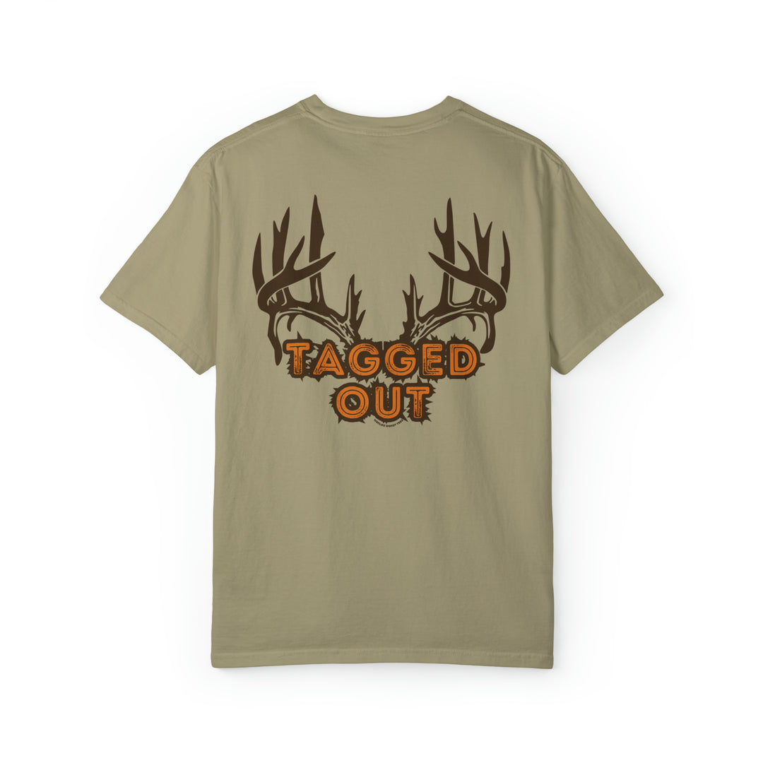 Alt text: A back view of a Tagged Out Tee unisex t-shirt, featuring a logo close-up and deer antlers design. Made of 80% ring-spun cotton and 20% polyester, with a relaxed fit and rolled-forward shoulder.
